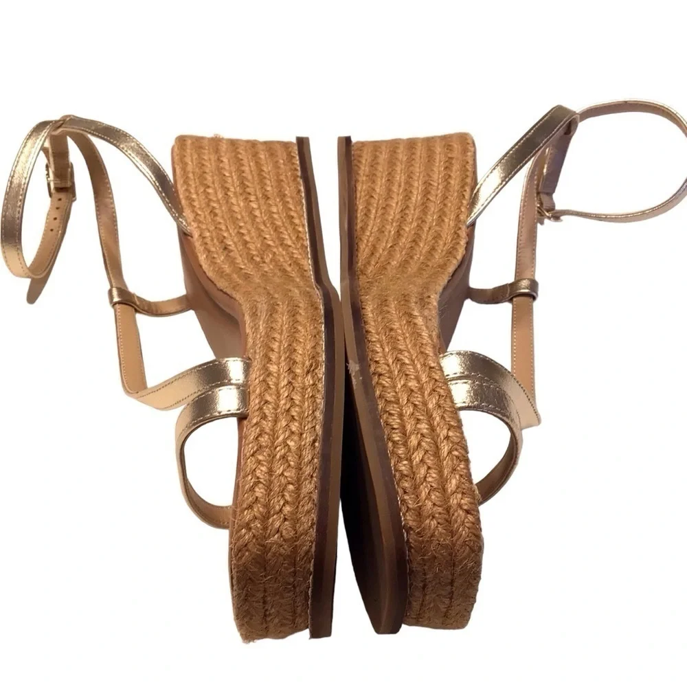 Chicos Shoes Women's Sz 9 Gold Carlina Wedge Espadrille Sandals Leather Boho NEW